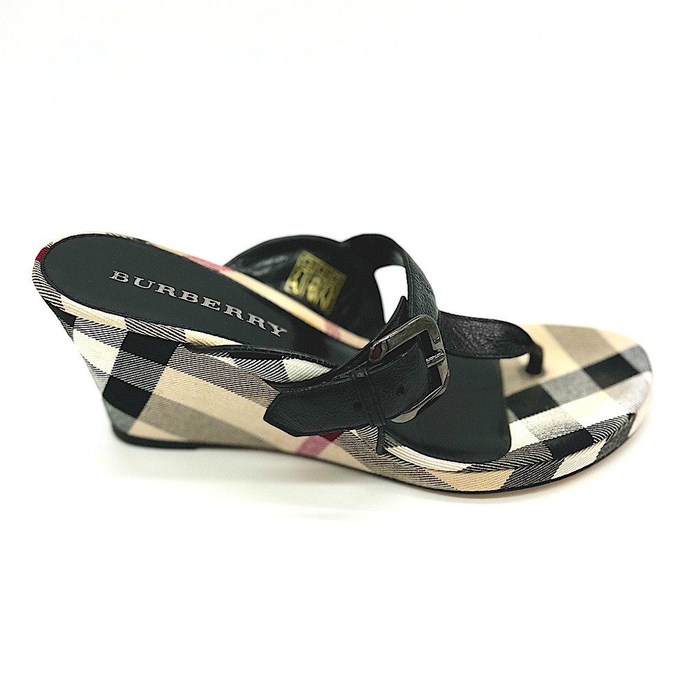 Burberry, Vintage Check & Black Leather, 3” Wedges Size 39, Silver Buckle